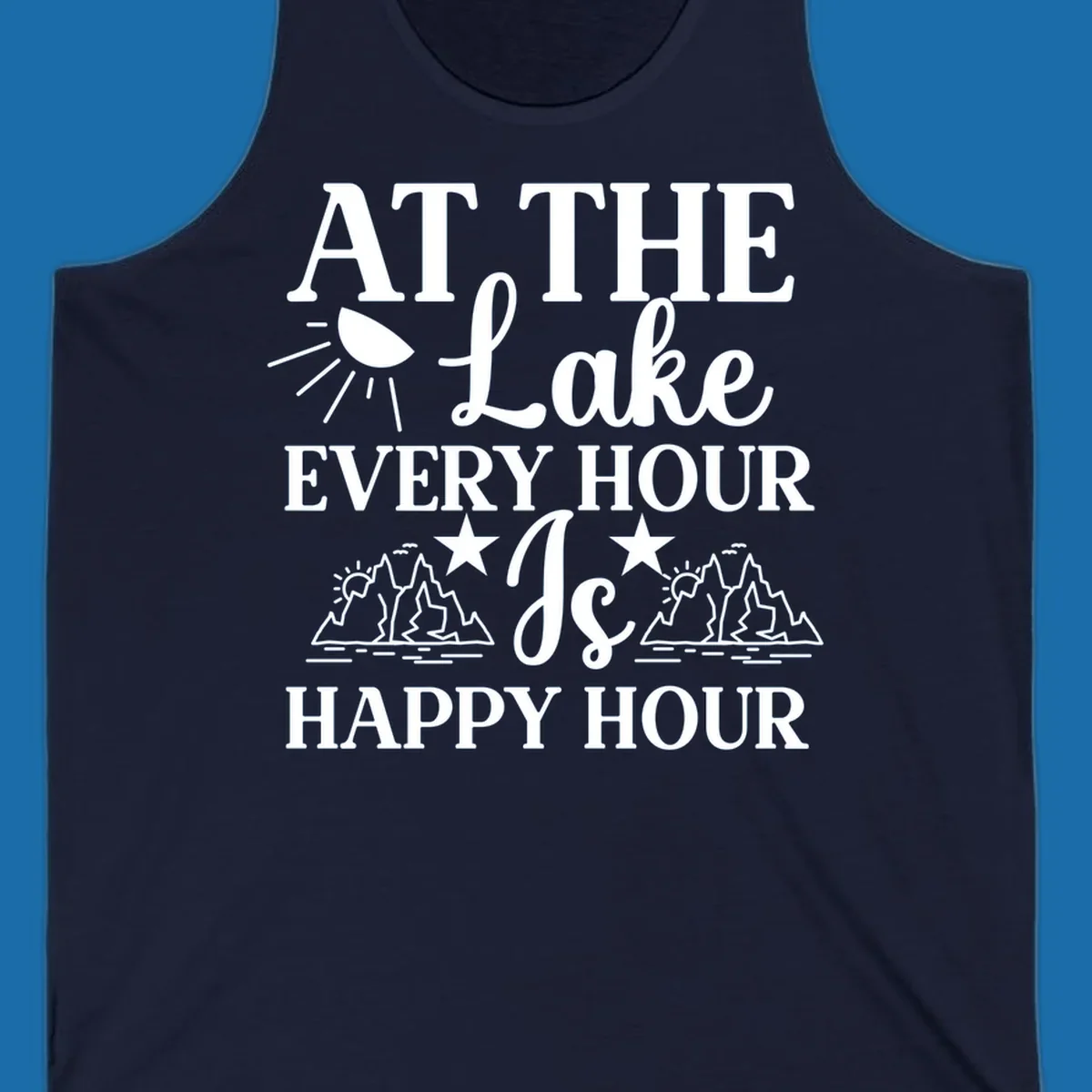 Lake happy hour text design with mountains, sun, and water illustrations.