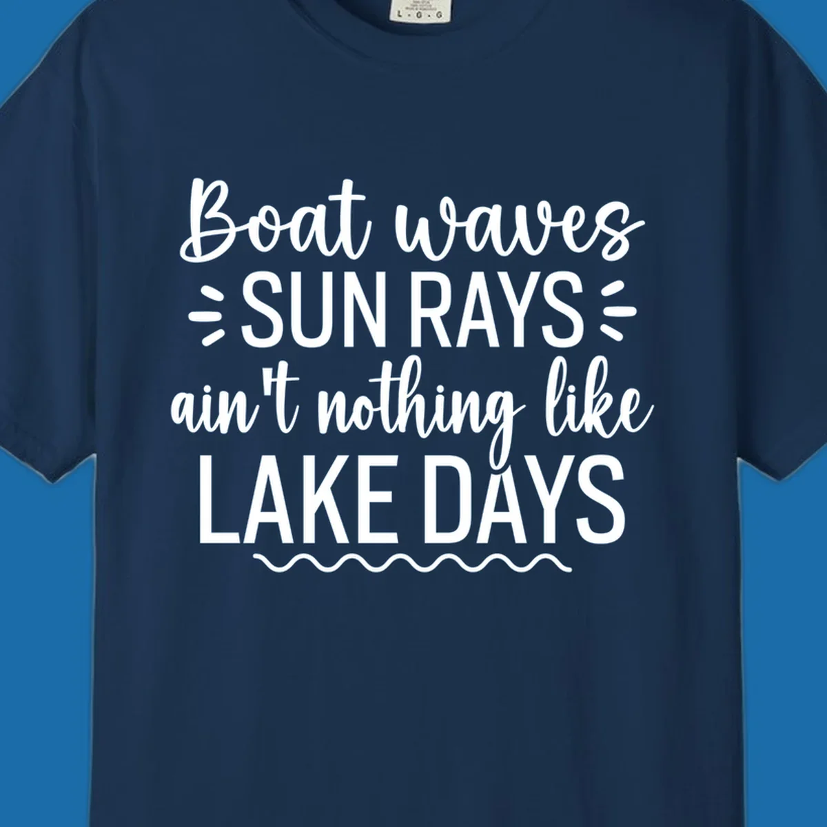White text design for lake days, featuring boat waves, sun rays, and wavy line accents.
