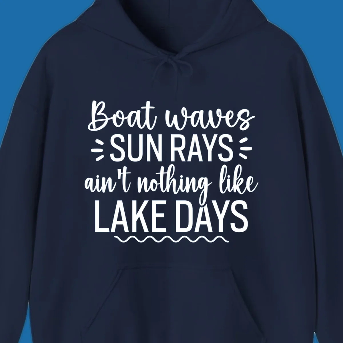 White text design for lake days, featuring boat waves, sun rays, and wavy line accents.