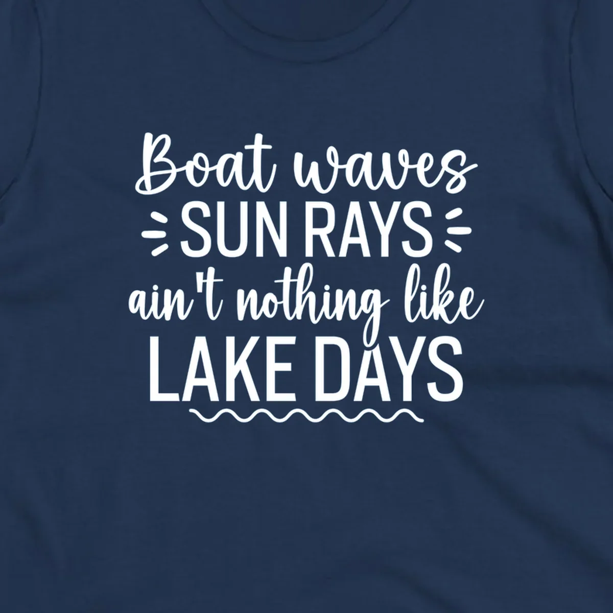 White text design for lake days, featuring boat waves, sun rays, and wavy line accents.