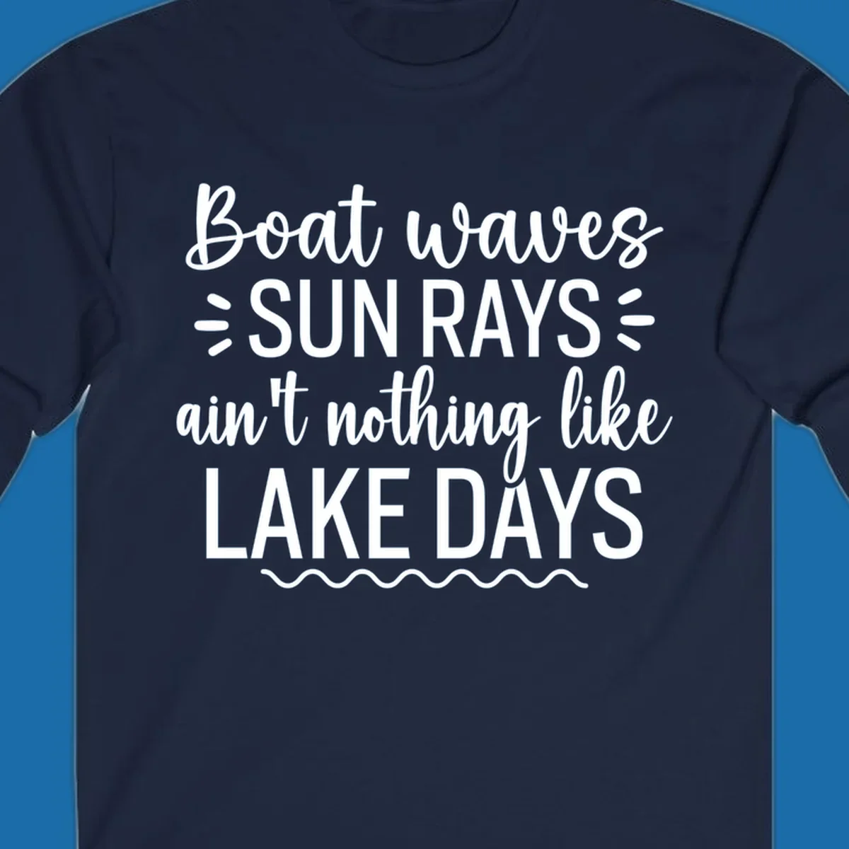 White text design for lake days, featuring boat waves, sun rays, and wavy line accents.