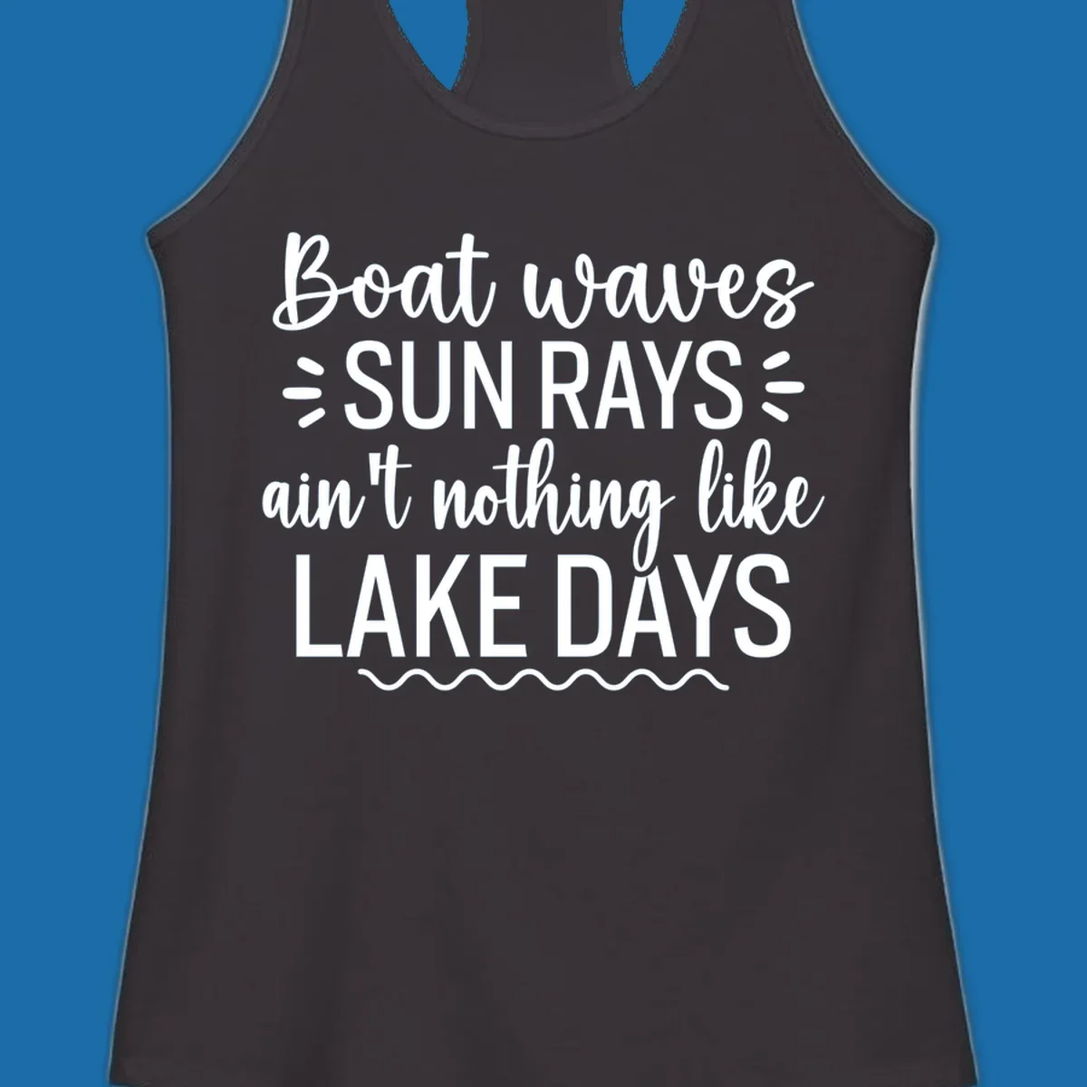White text design for lake days, featuring boat waves, sun rays, and wavy line accents.