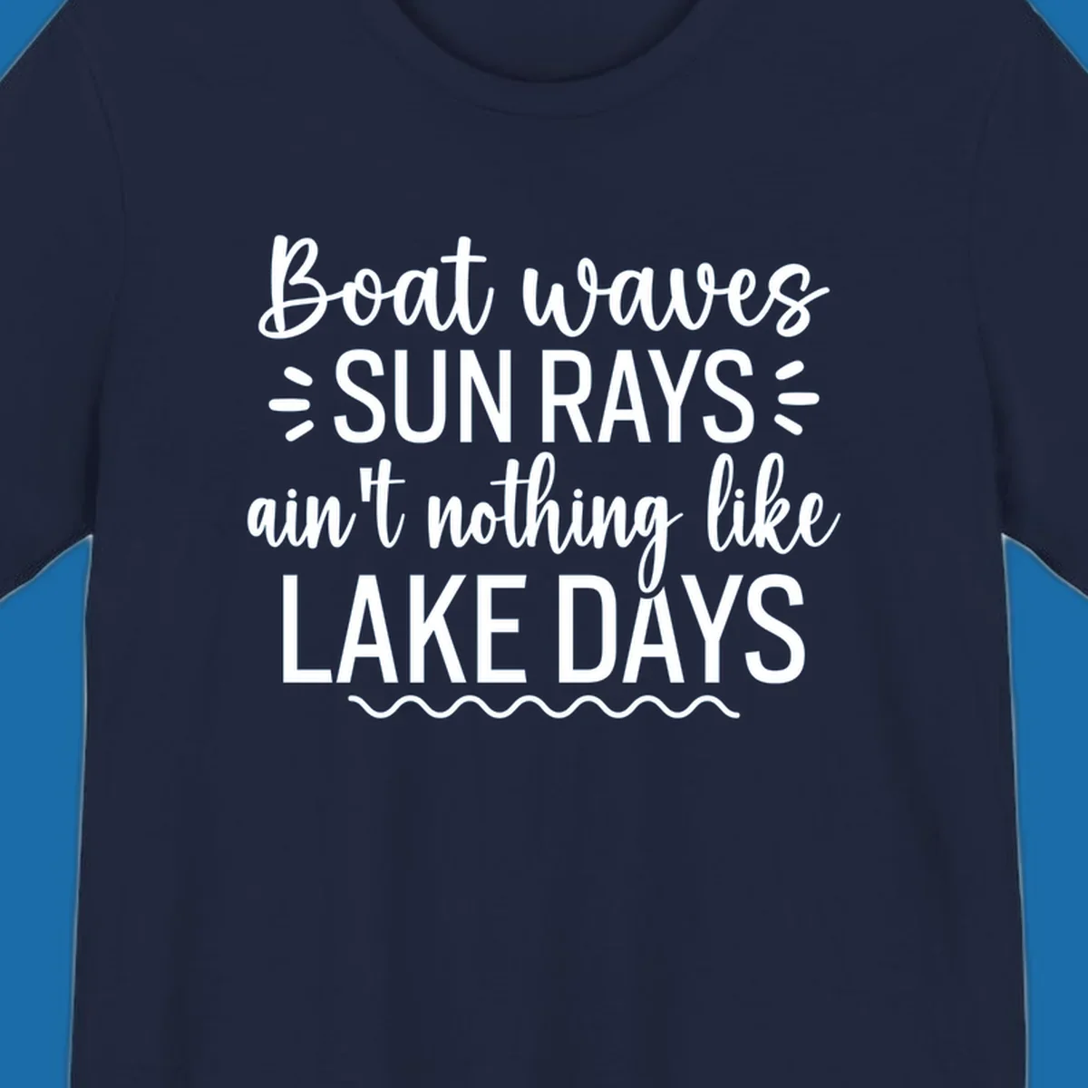 White text design for lake days, featuring boat waves, sun rays, and wavy line accents.