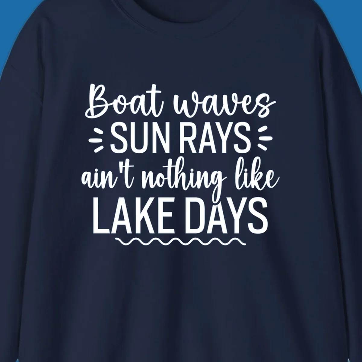 White text design for lake days, featuring boat waves, sun rays, and wavy line accents.