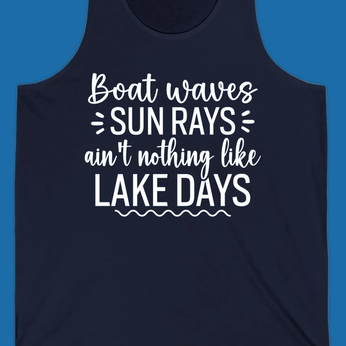 White text design for lake days, featuring boat waves, sun rays, and wavy line accents.