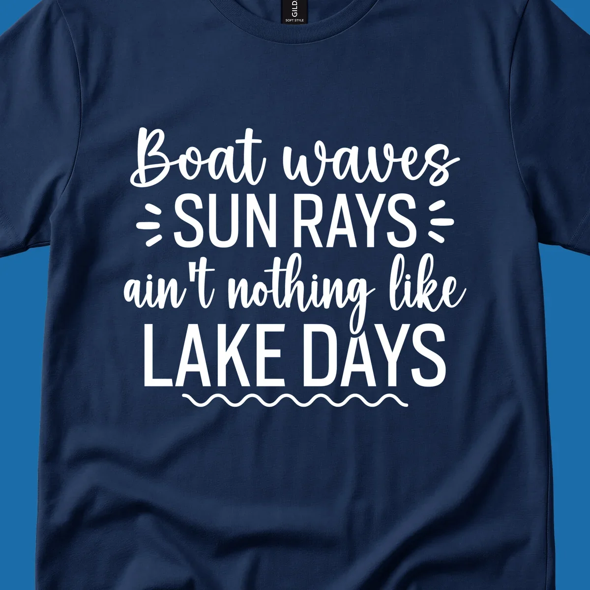 White text design for lake days, featuring boat waves, sun rays, and wavy line accents.