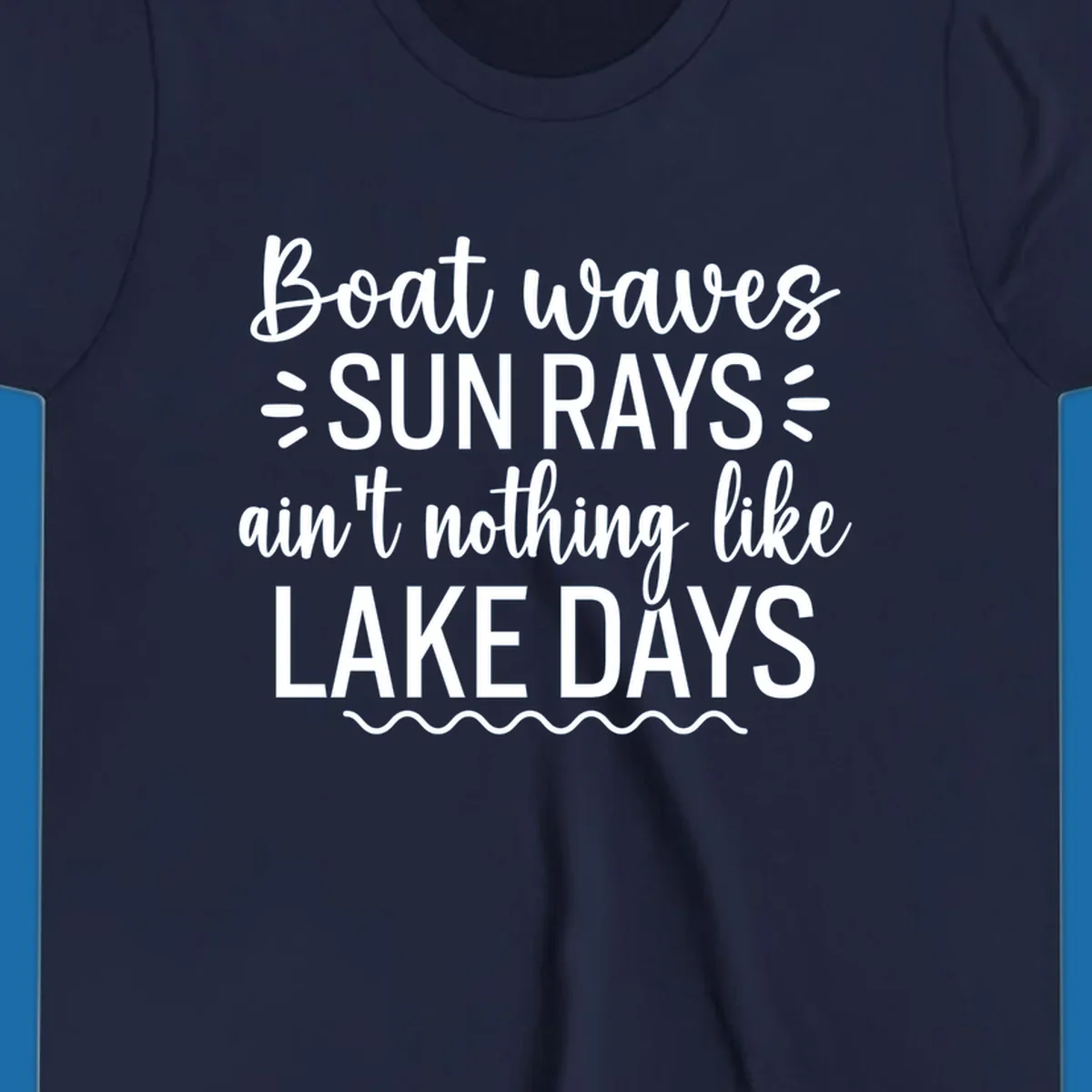 White text design for lake days, featuring boat waves, sun rays, and wavy line accents.