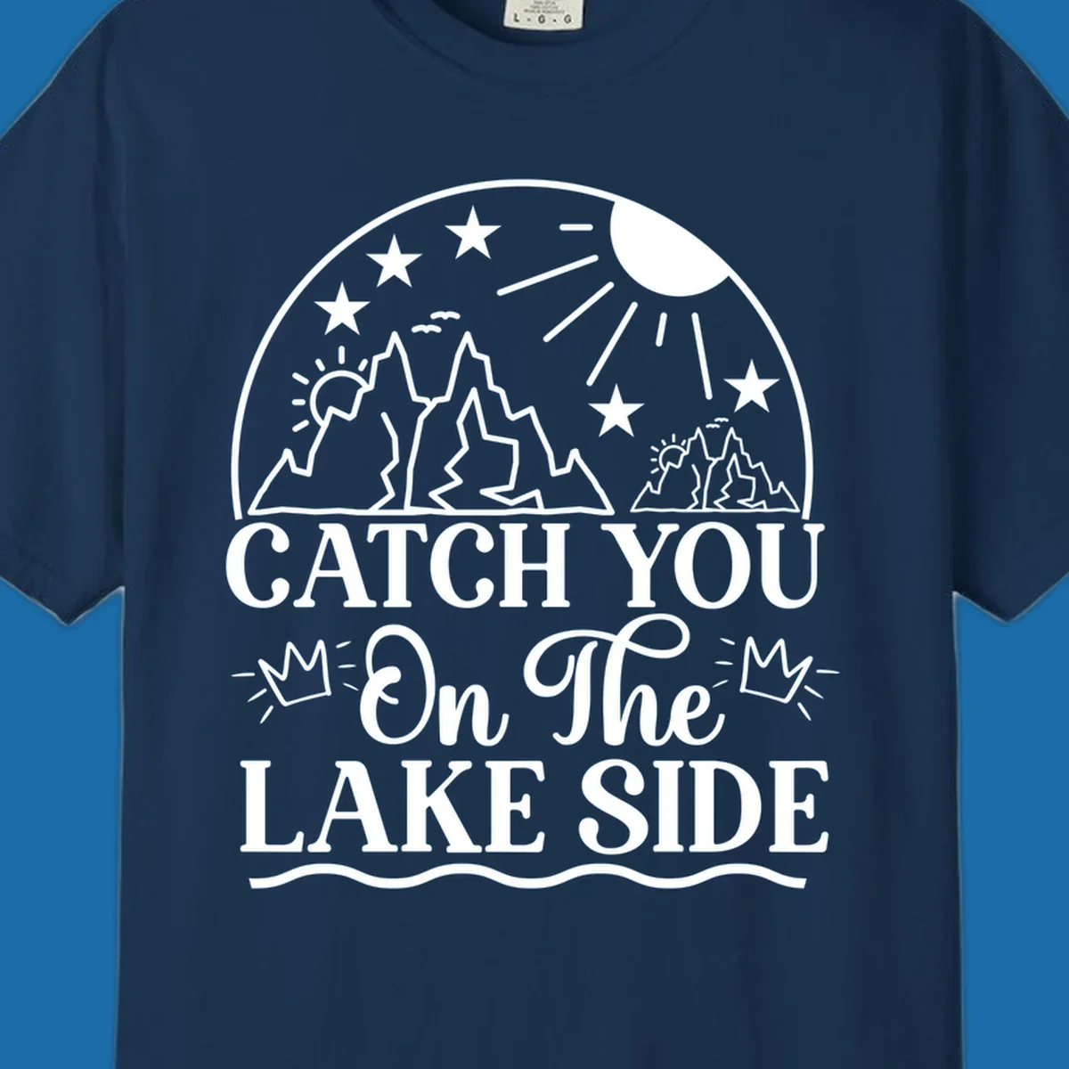 Catch you on the lake side mountains and sun illustration