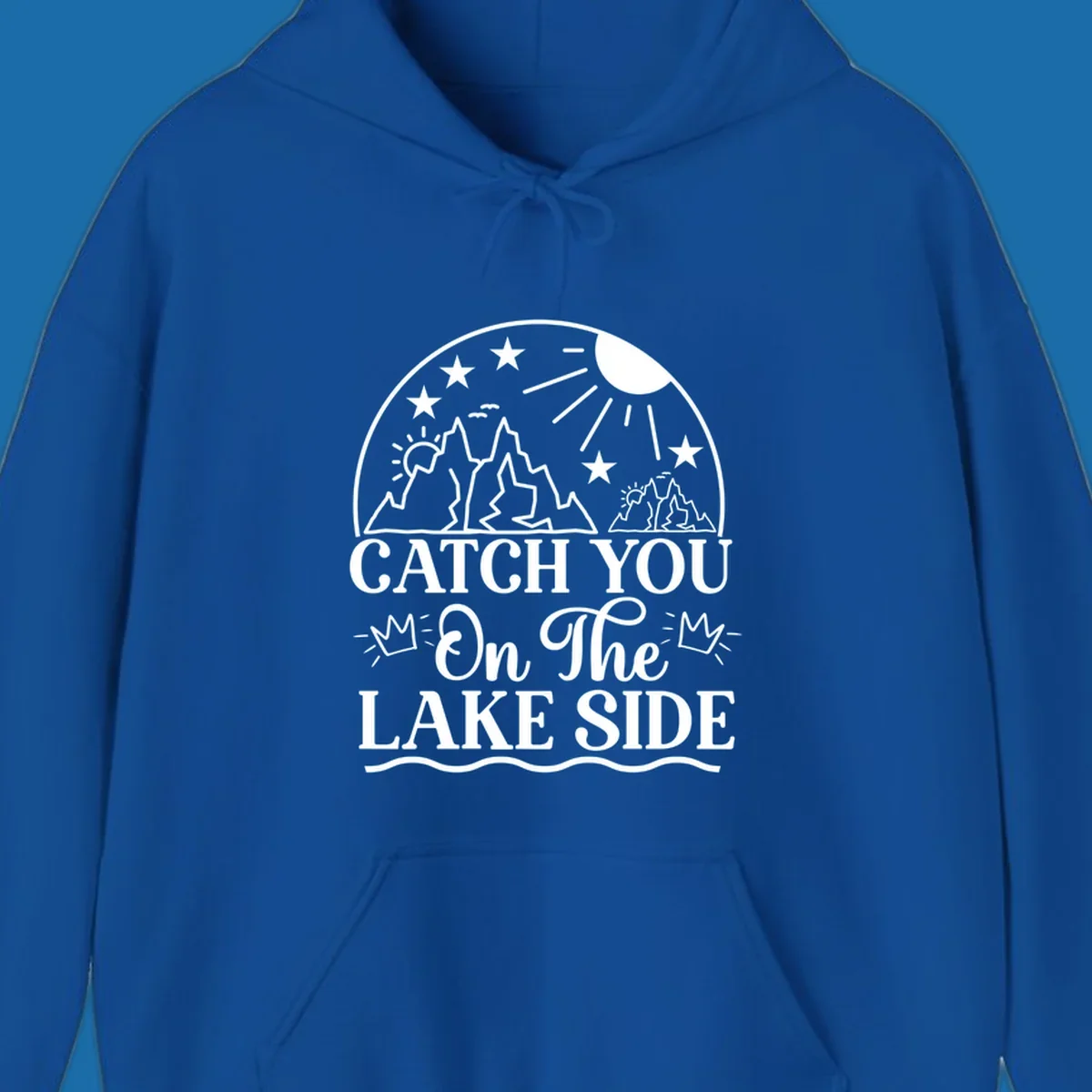 Catch you on the lake side mountains and sun illustration
