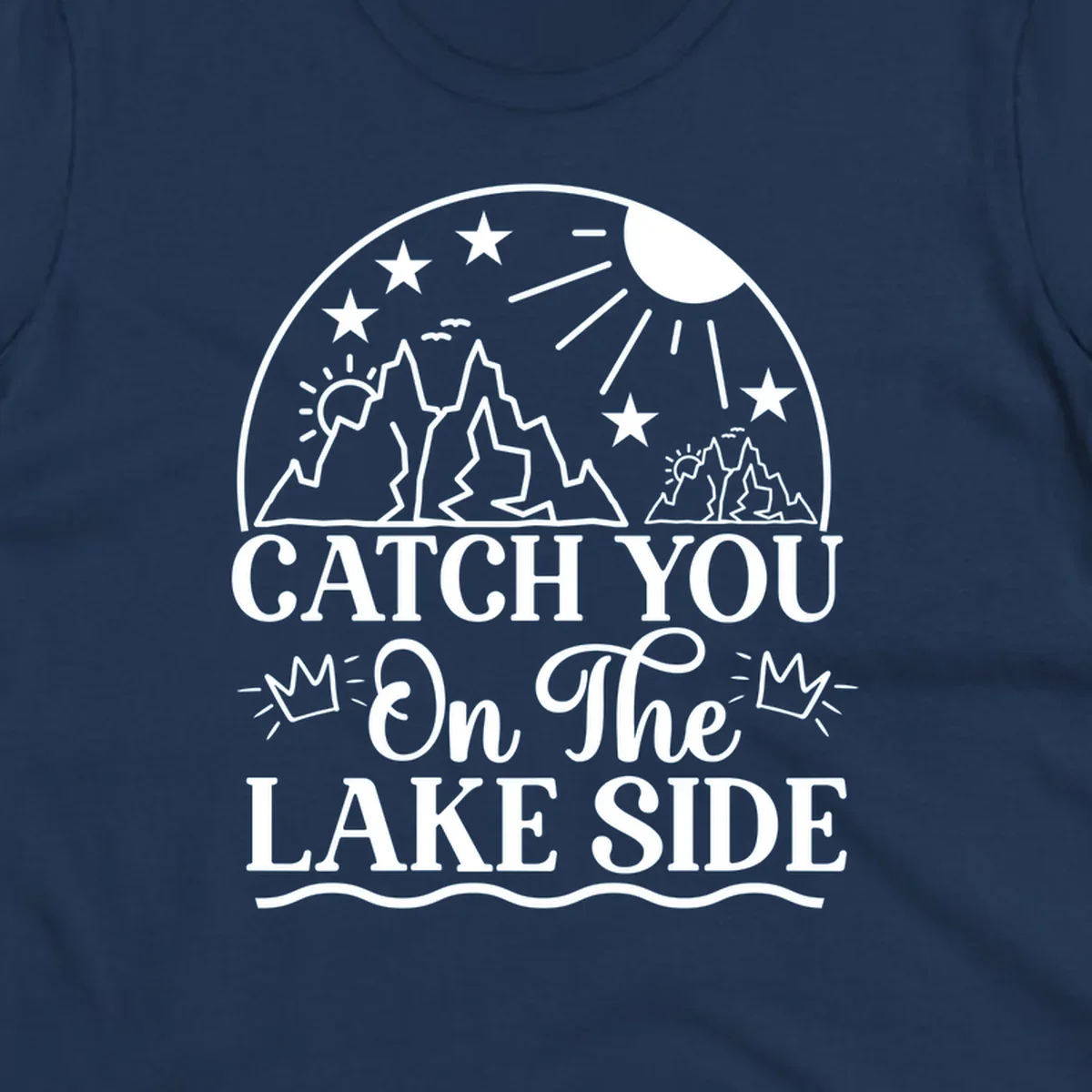 Catch you on the lake side mountains and sun illustration