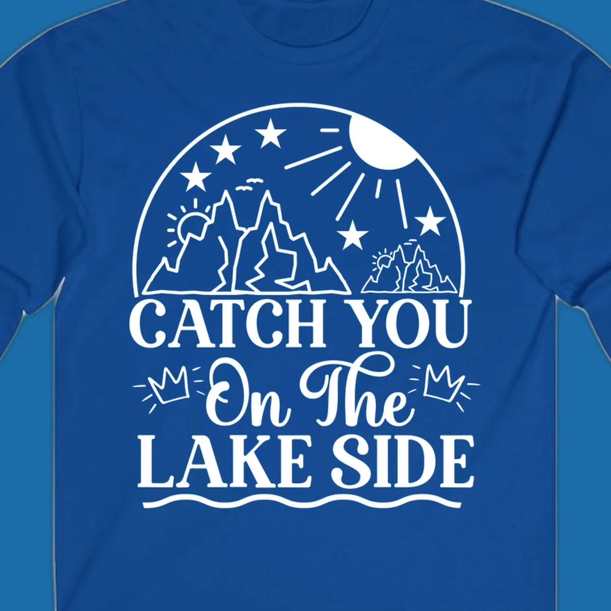 Catch you on the lake side mountains and sun illustration