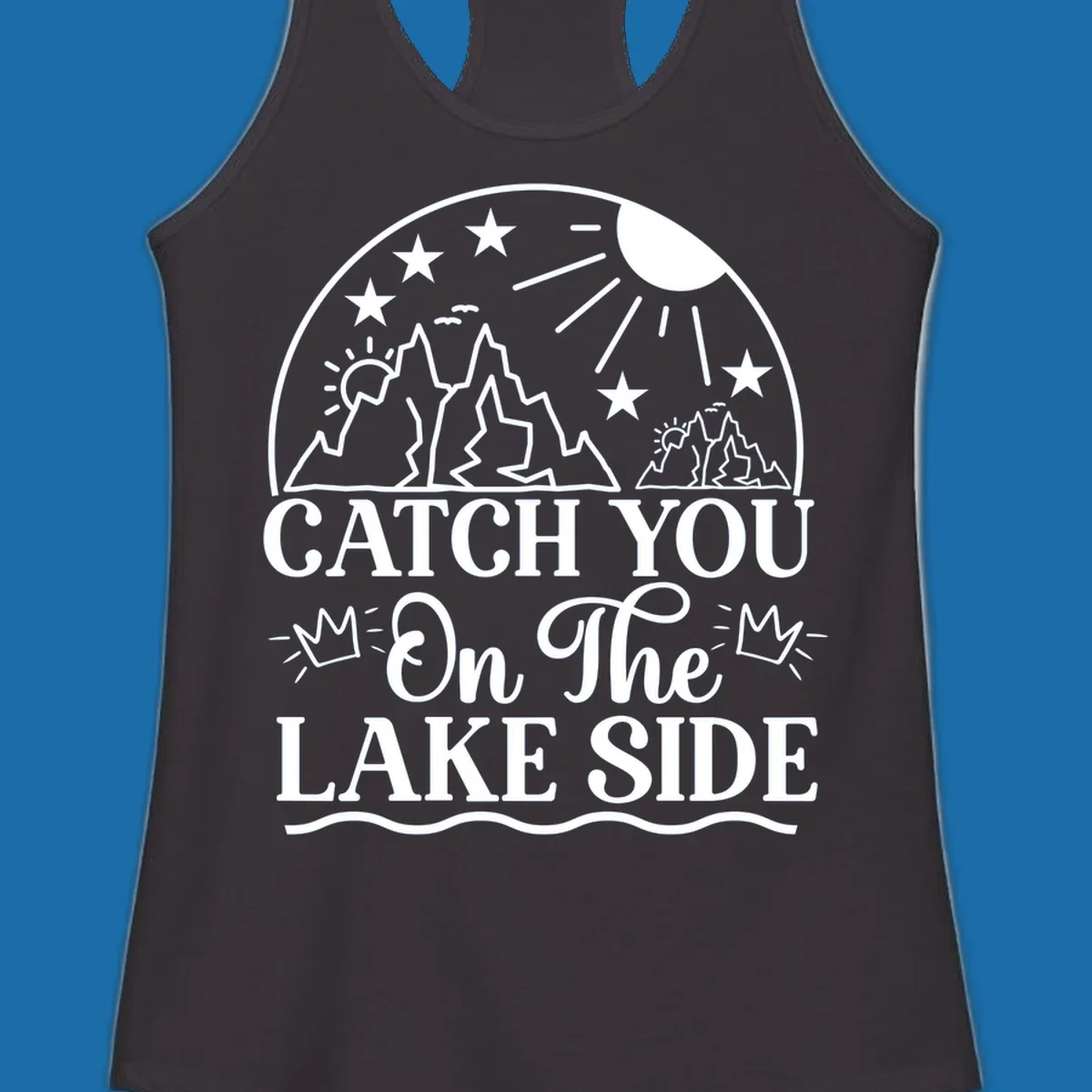 Catch you on the lake side mountains and sun illustration