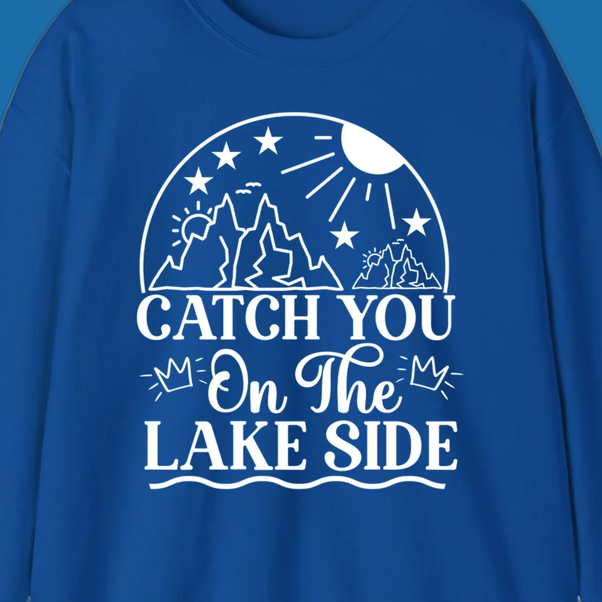 Catch you on the lake side mountains and sun illustration