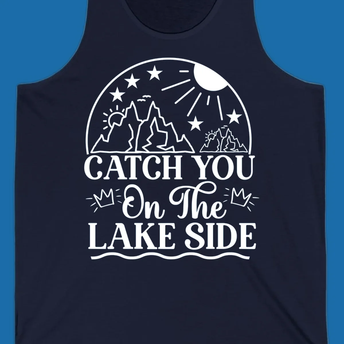 Catch you on the lake side mountains and sun illustration