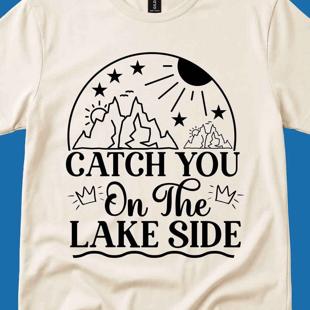 Catch you on the lake side mountains and sun illustration