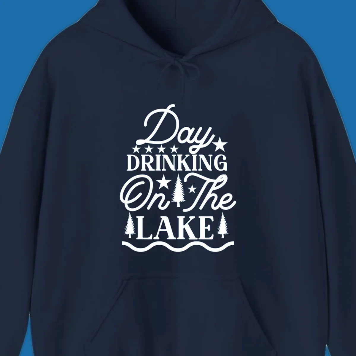 Day Drinking On The Lake text with stars and trees graphic.