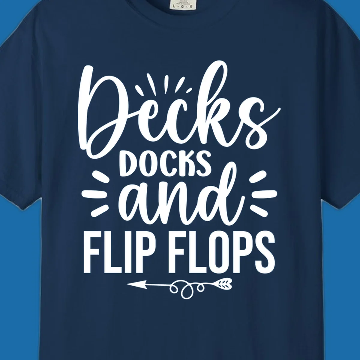 Decks Docks And Flip Flops text design with decorative elements for lake trips.