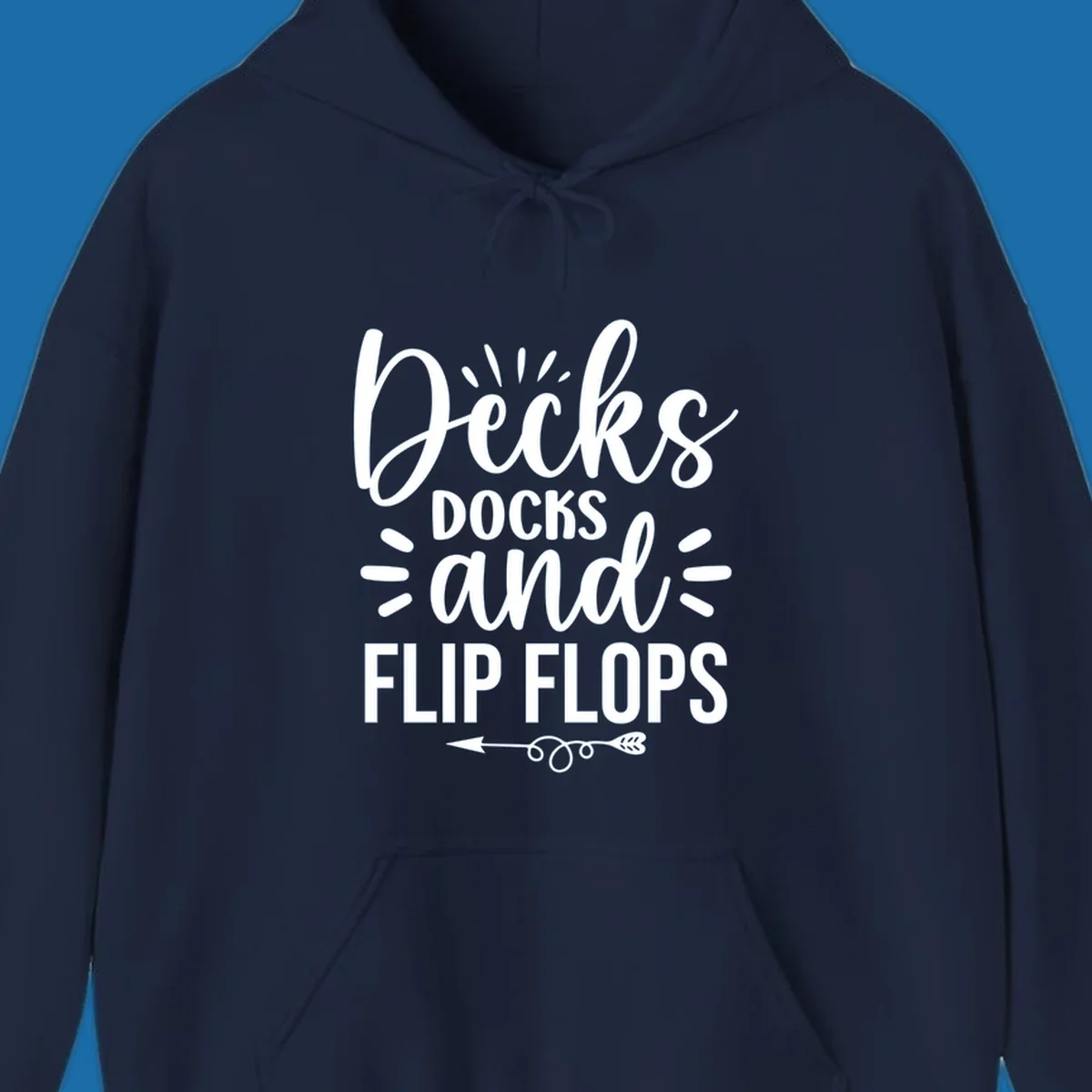 Decks Docks And Flip Flops text design with decorative elements for lake trips.