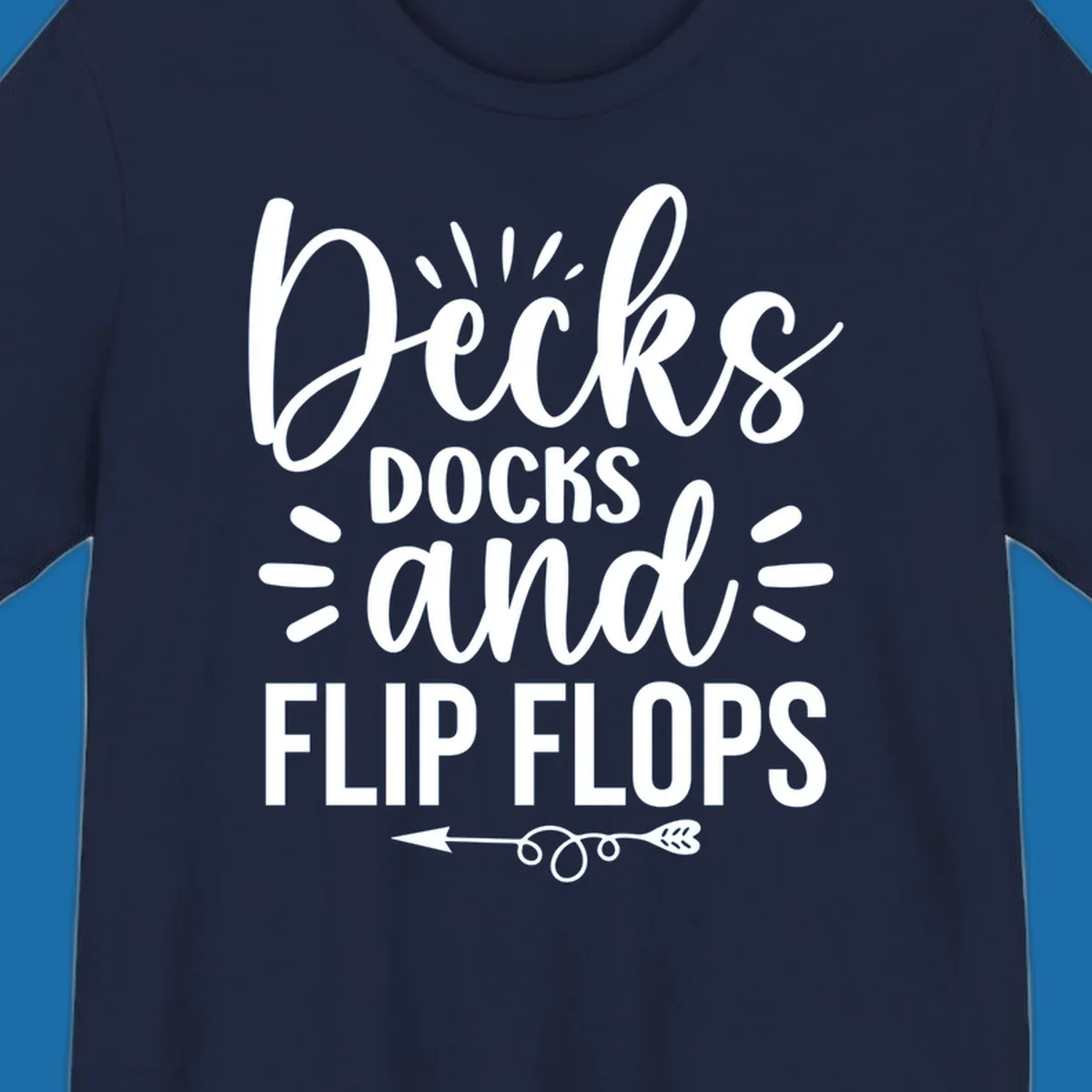 Decks Docks And Flip Flops text design with decorative elements for lake trips.