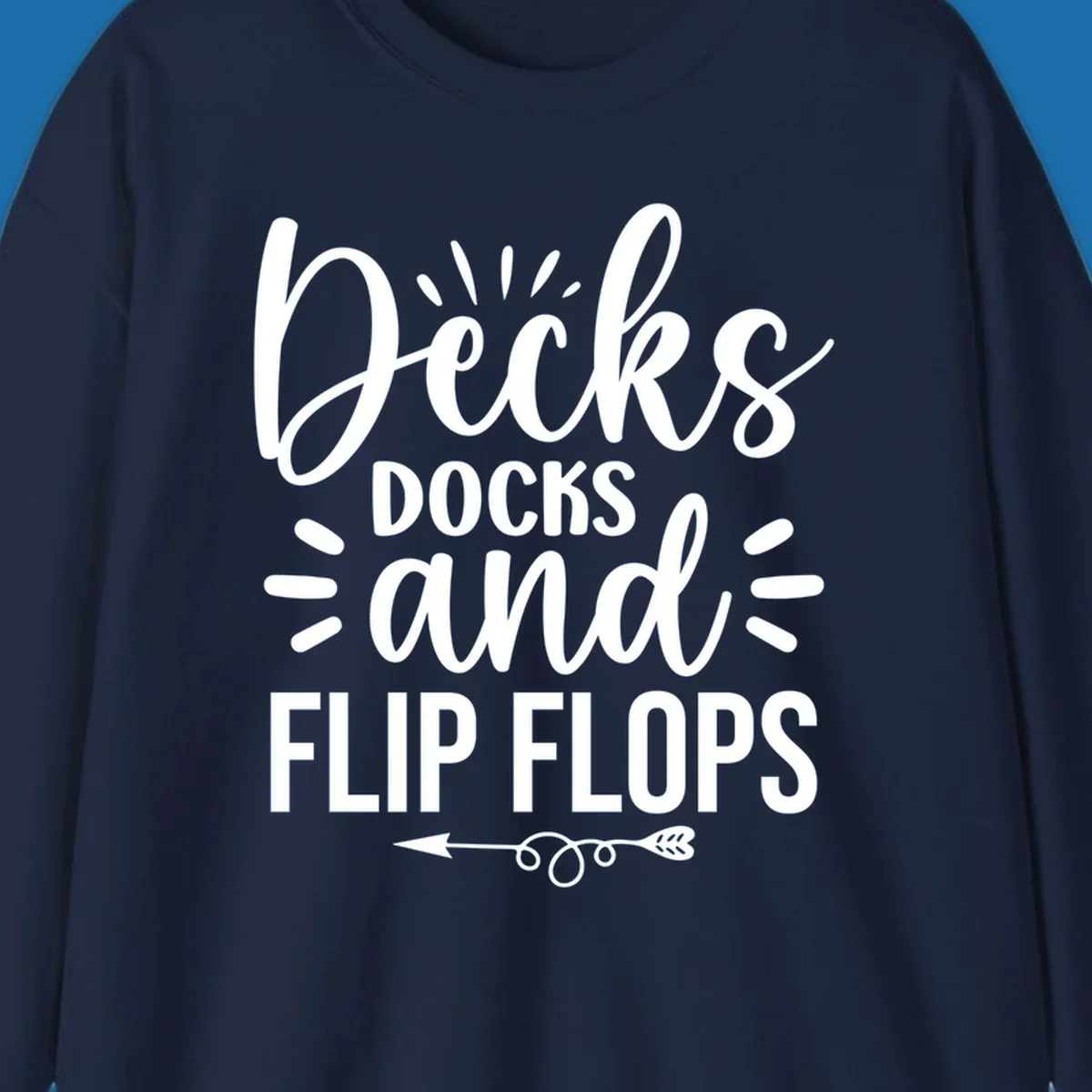 Decks Docks And Flip Flops text design with decorative elements for lake trips.