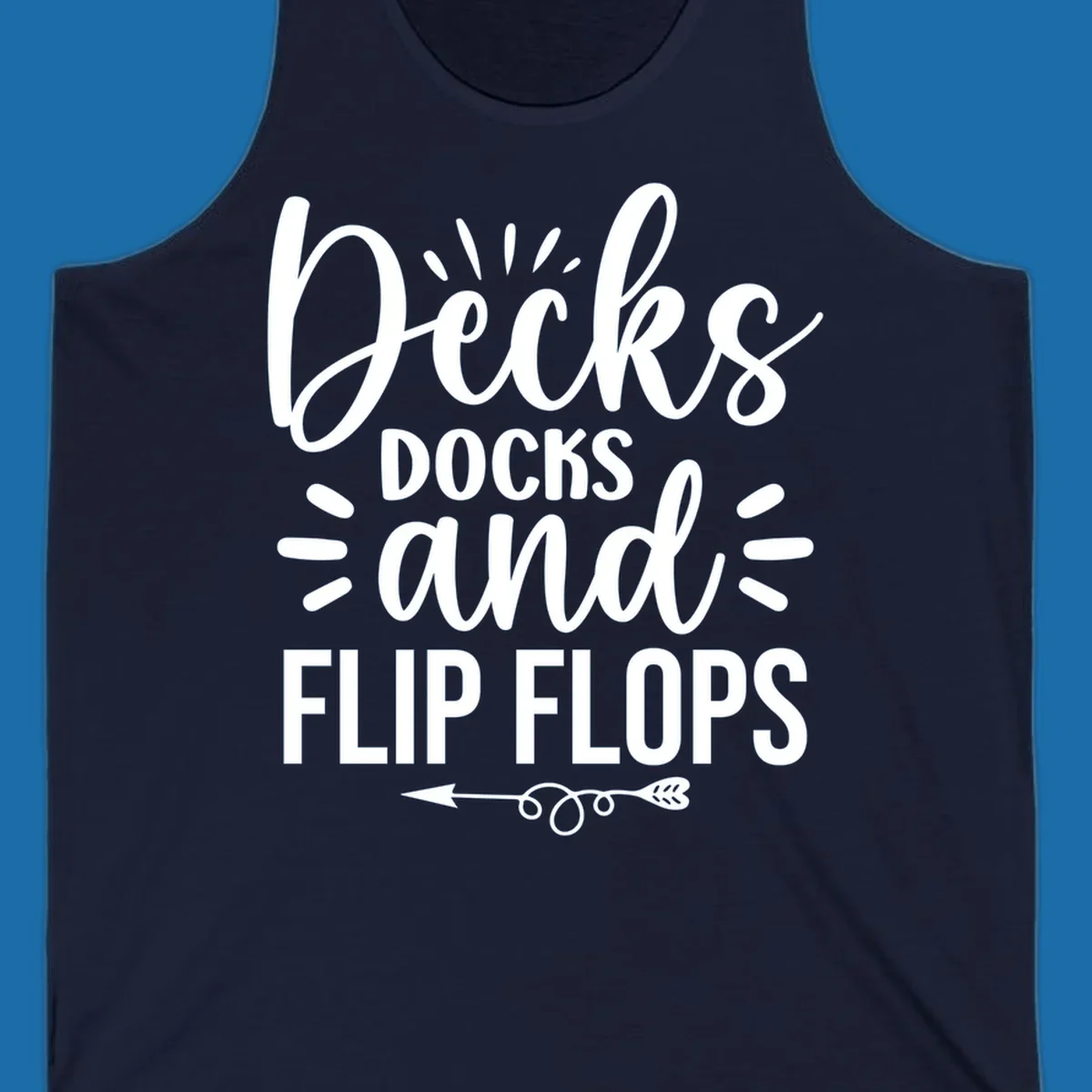 Decks Docks And Flip Flops text design with decorative elements for lake trips.