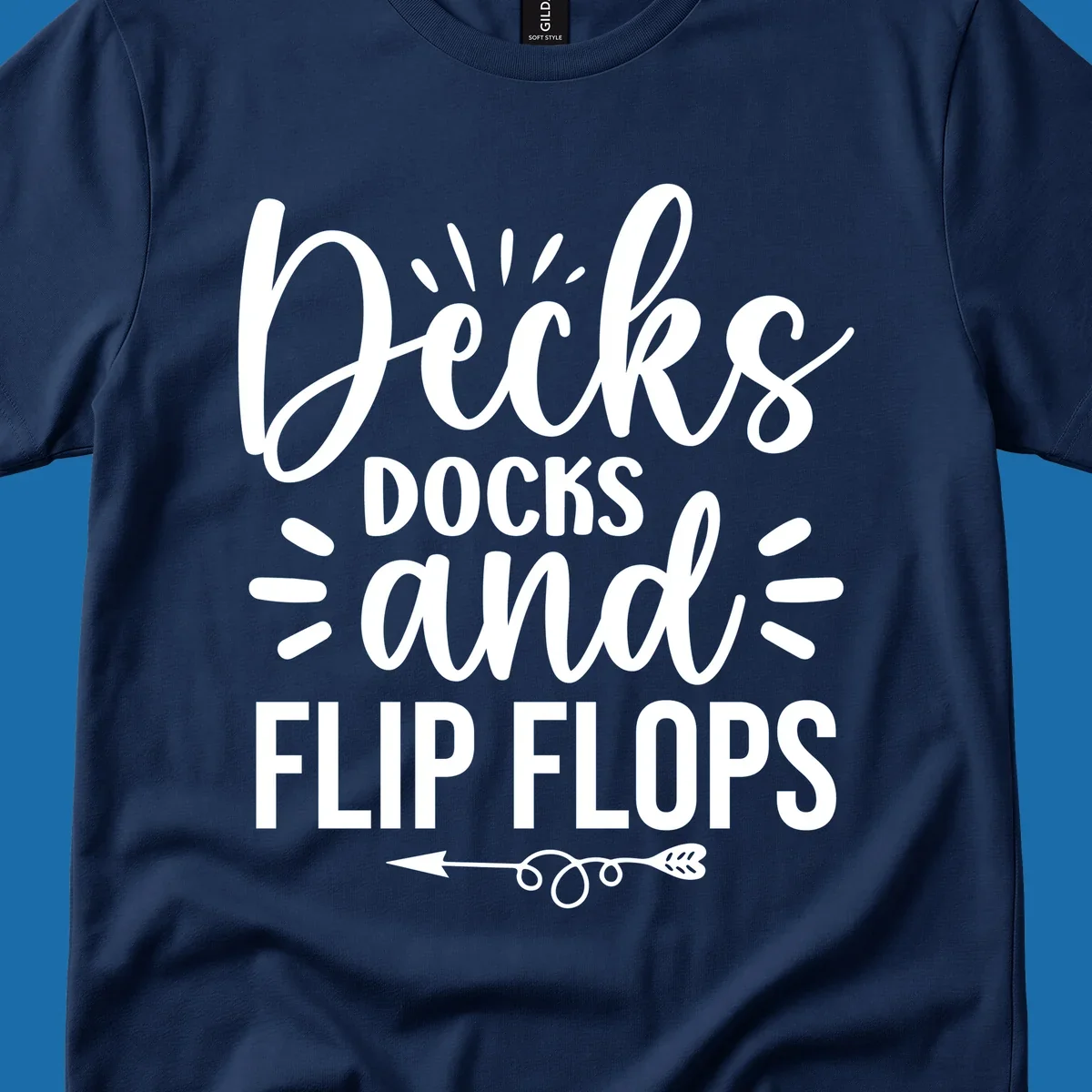 Decks Docks And Flip Flops text design with decorative elements for lake trips.