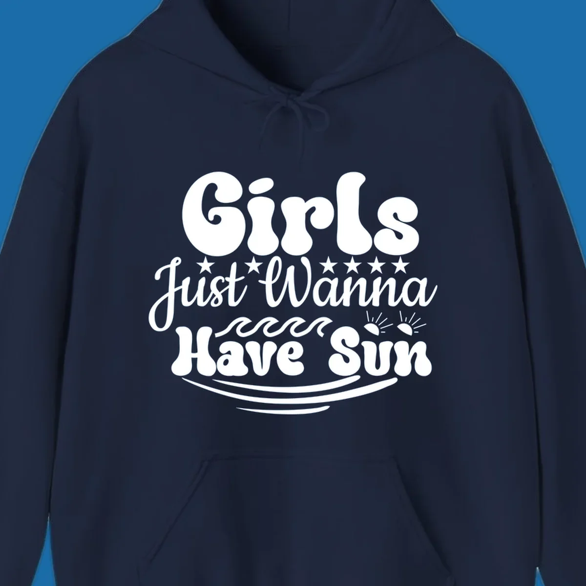 Girls Just Wanna Have Sun retro design with stars, waves, and sun graphics.