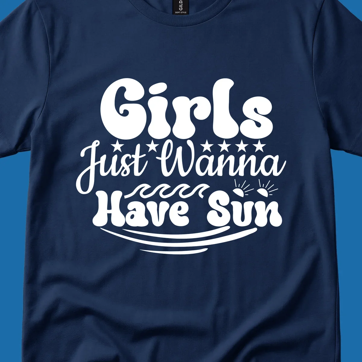Girls Just Wanna Have Sun retro design with stars, waves, and sun graphics.