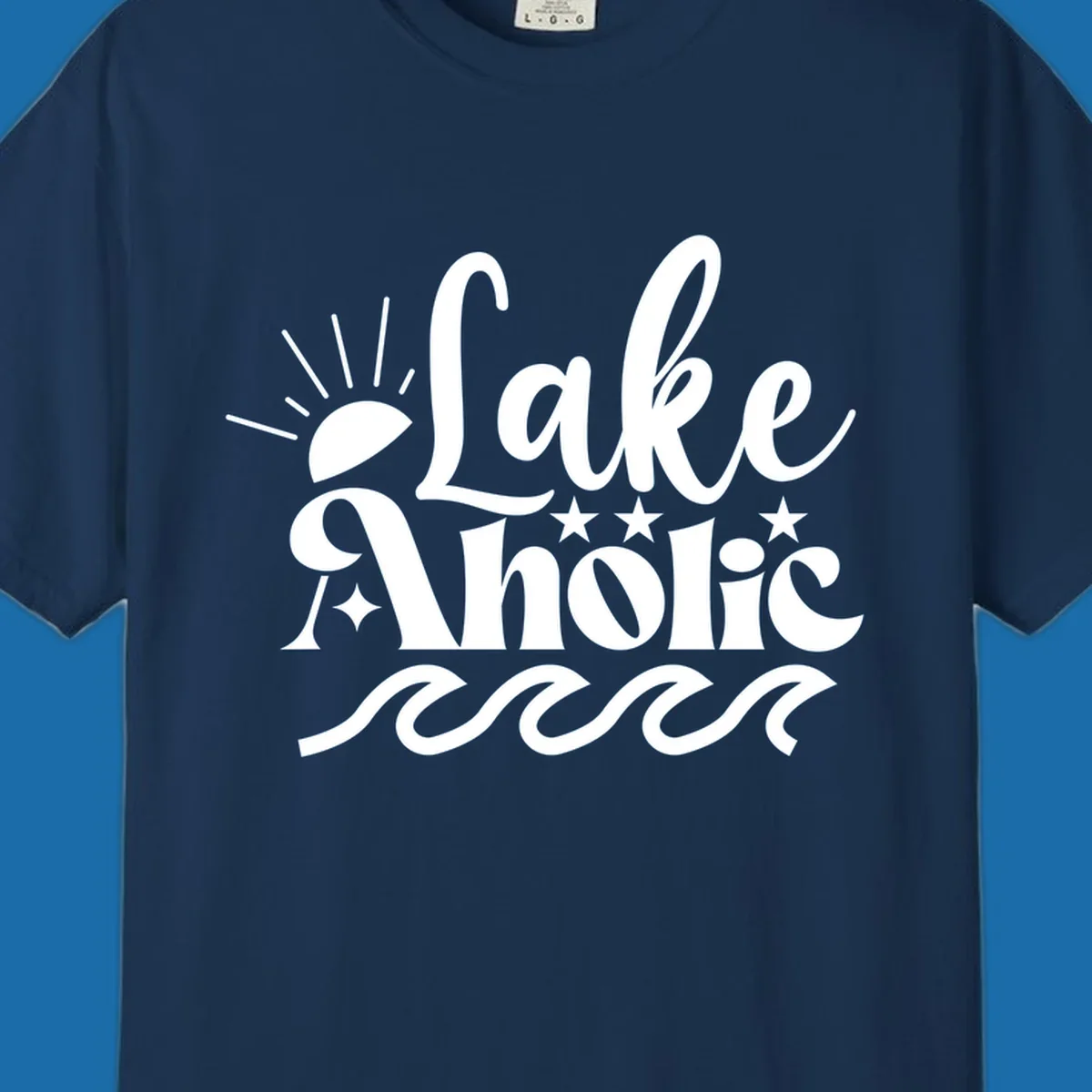 Lake aholic retro script design with sun, stars, and waves.