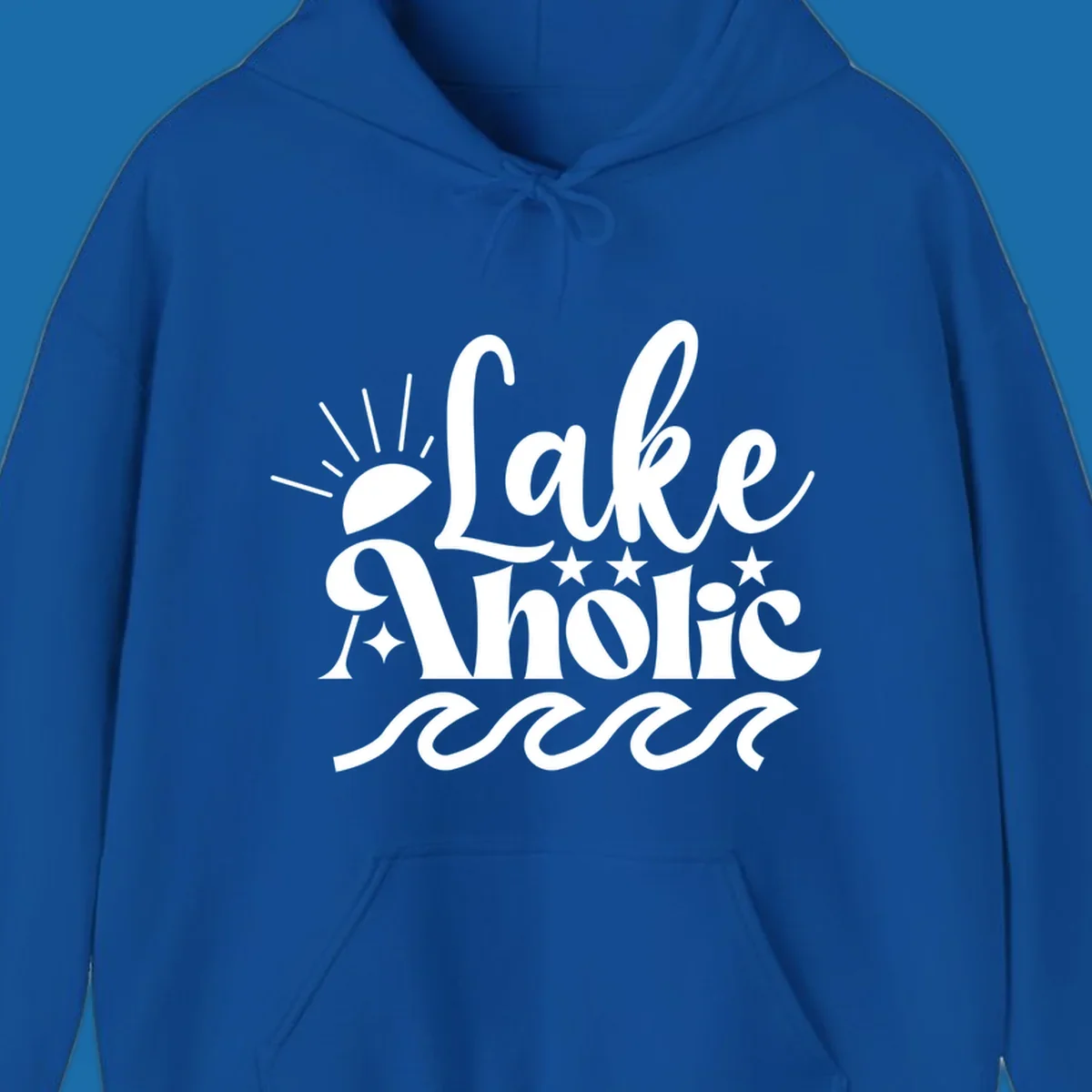 Lake aholic retro script design with sun, stars, and waves.