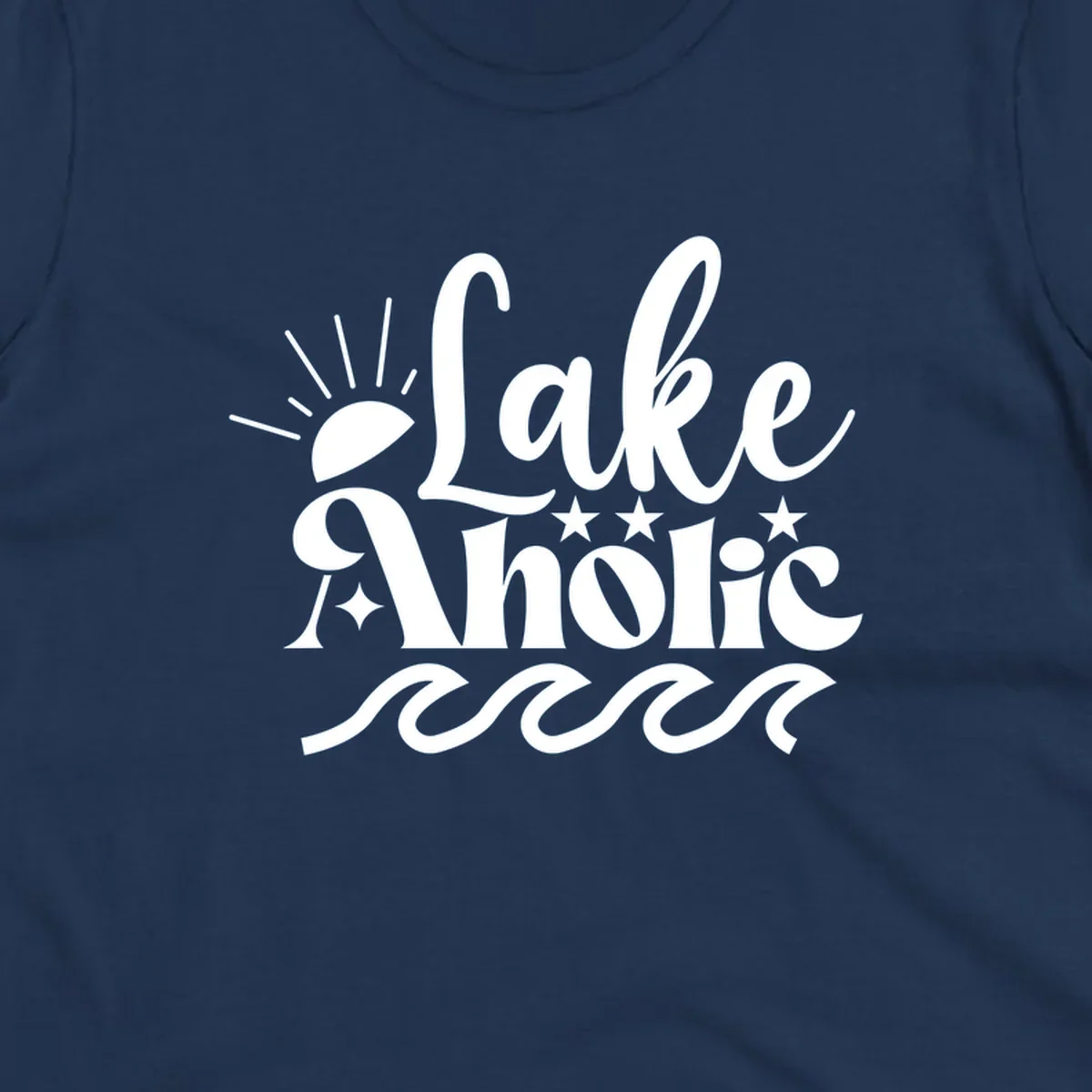Lake aholic retro script design with sun, stars, and waves.
