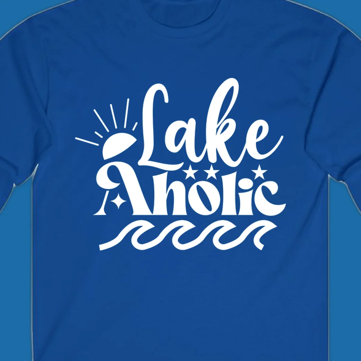 Lake aholic retro script design with sun, stars, and waves.