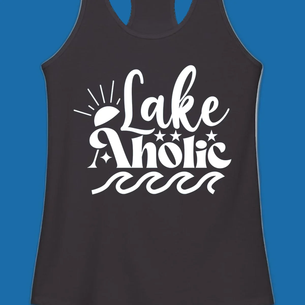 Lake aholic retro script design with sun, stars, and waves.