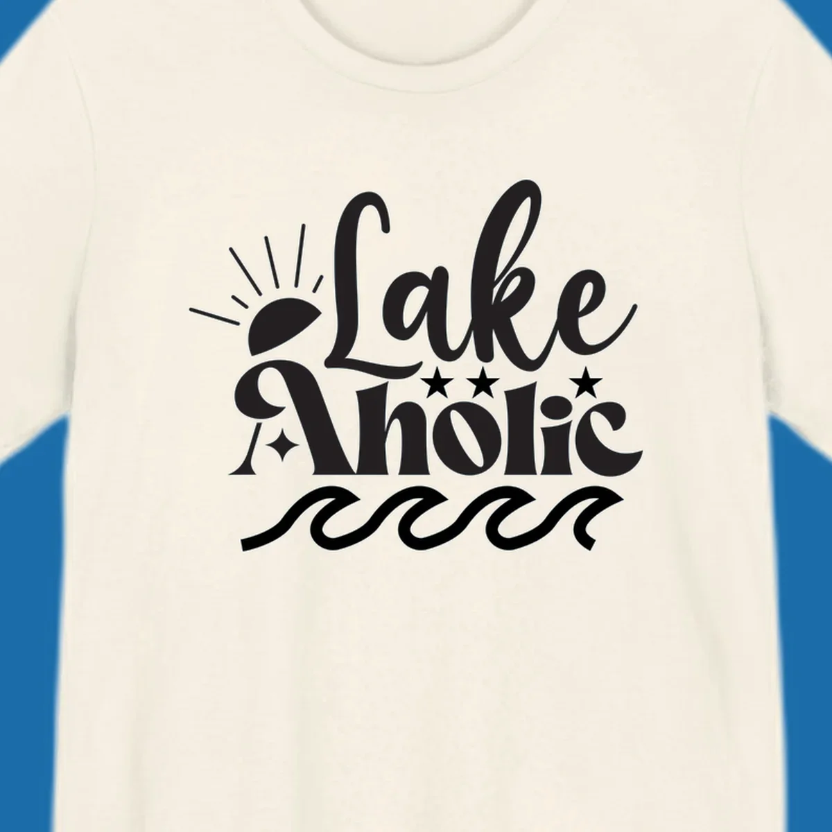 Lake aholic retro script design with sun, stars, and waves.