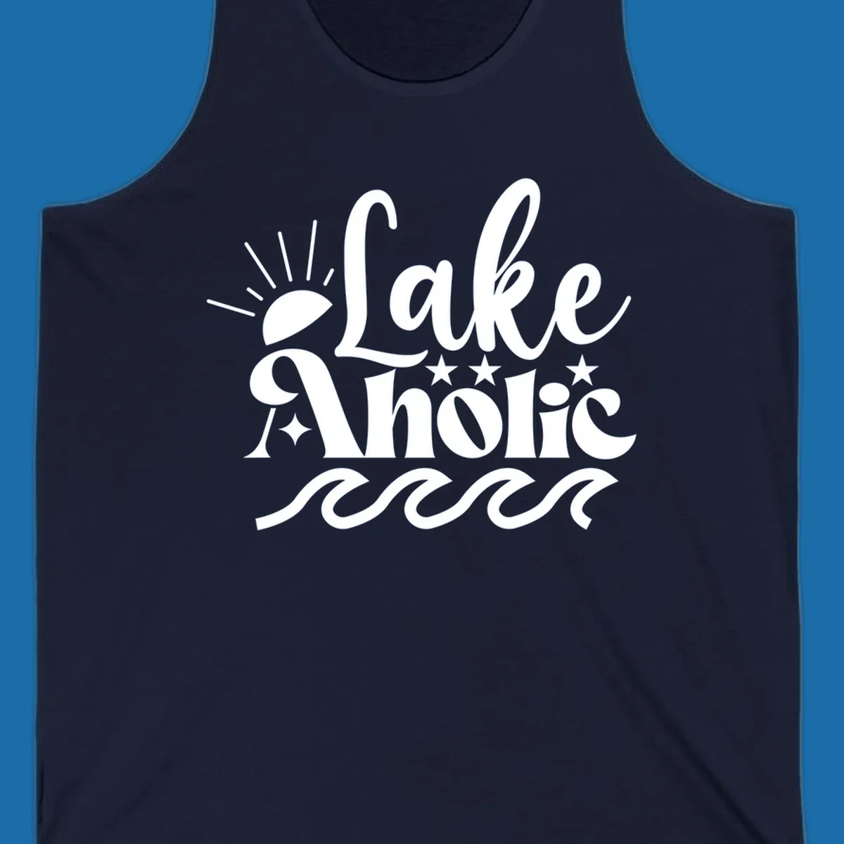 Lake aholic retro script design with sun, stars, and waves.