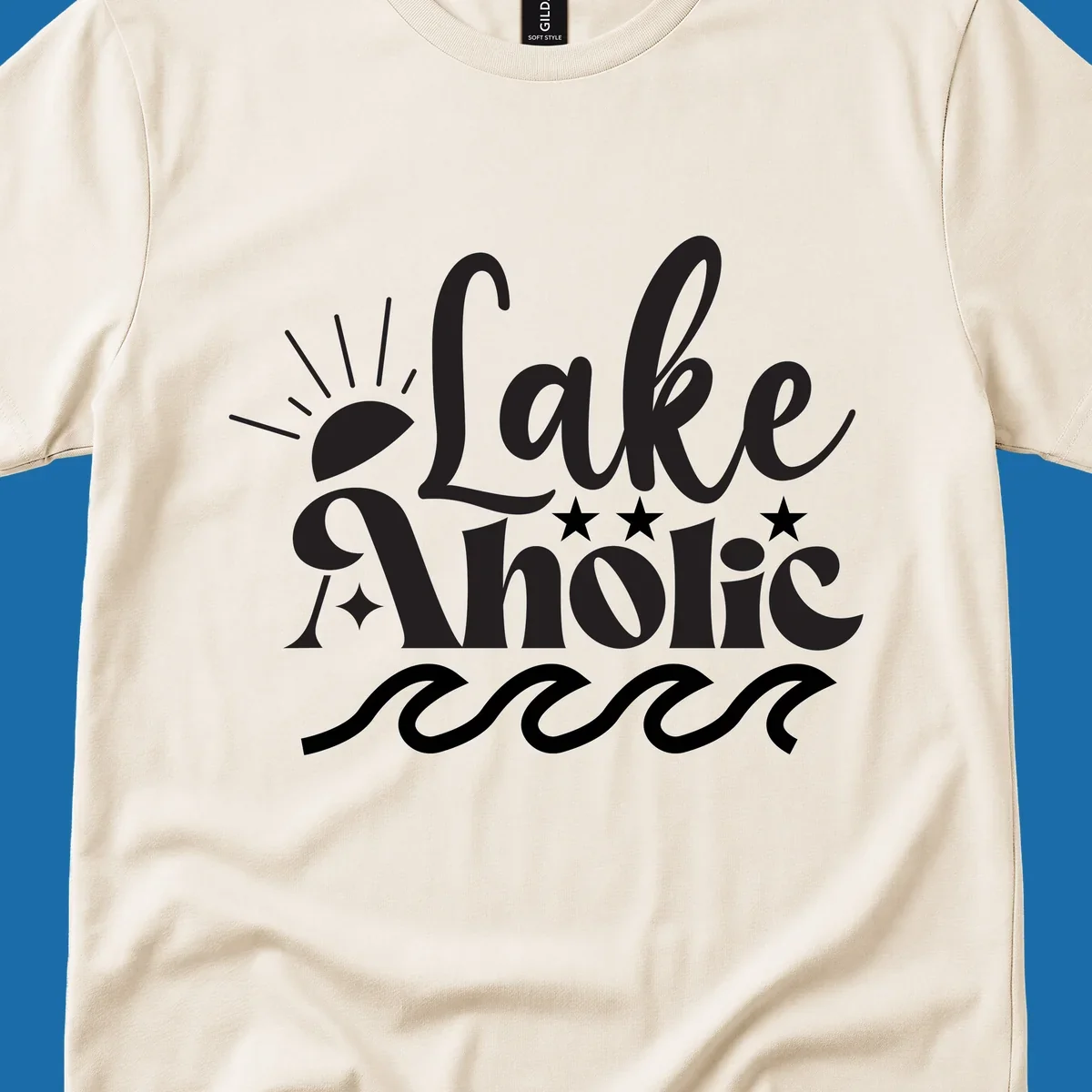 Lake aholic retro script design with sun, stars, and waves.