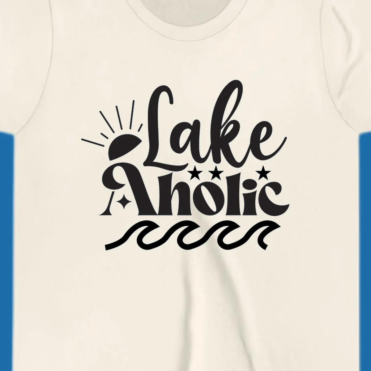 Lake aholic retro script design with sun, stars, and waves.