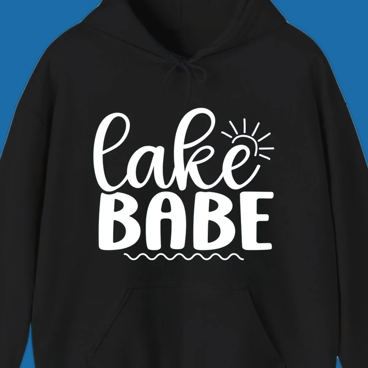 Lake Babe text design with sun rays and wavy lines.