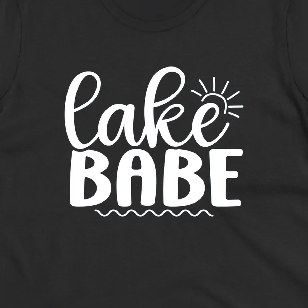 Lake Babe text design with sun rays and wavy lines.