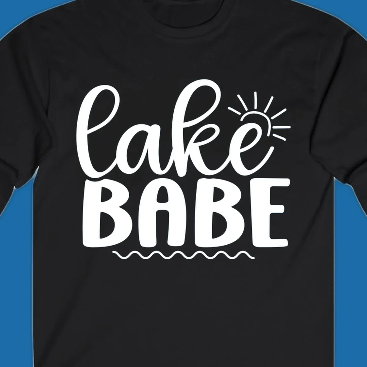 Lake Babe text design with sun rays and wavy lines.