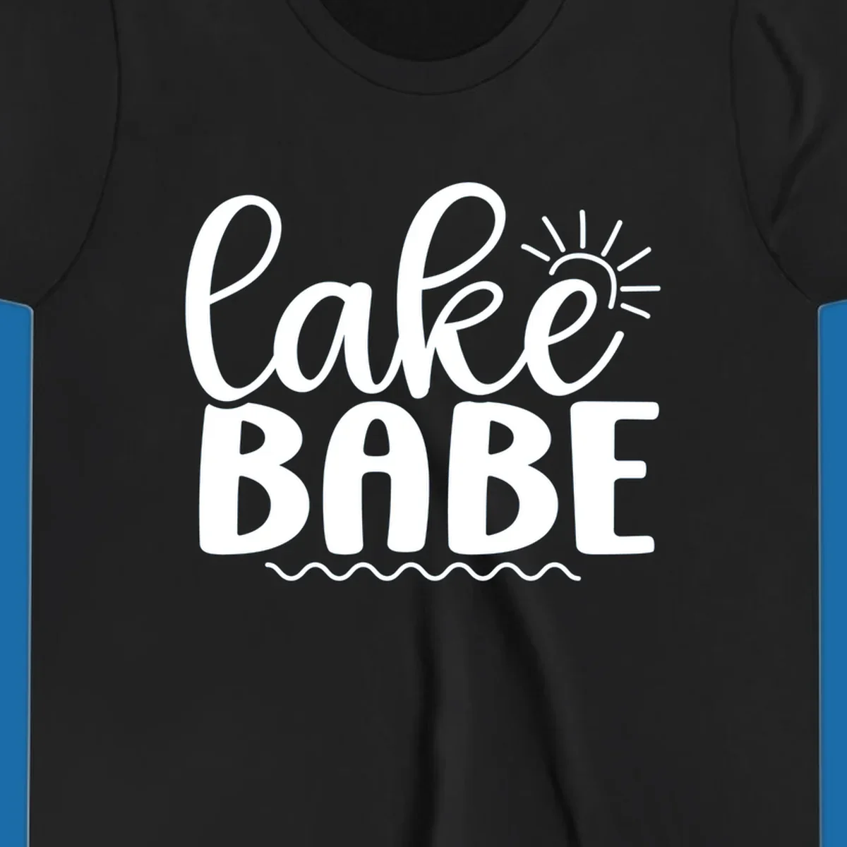 Lake Babe text design with sun rays and wavy lines.