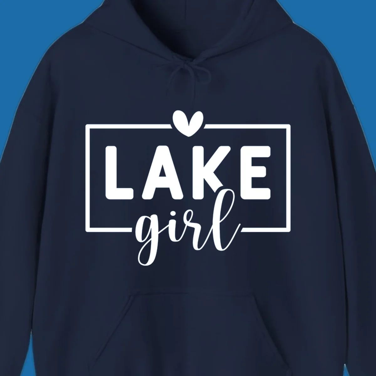 Lake girl text design with heart and border, in white on black background.