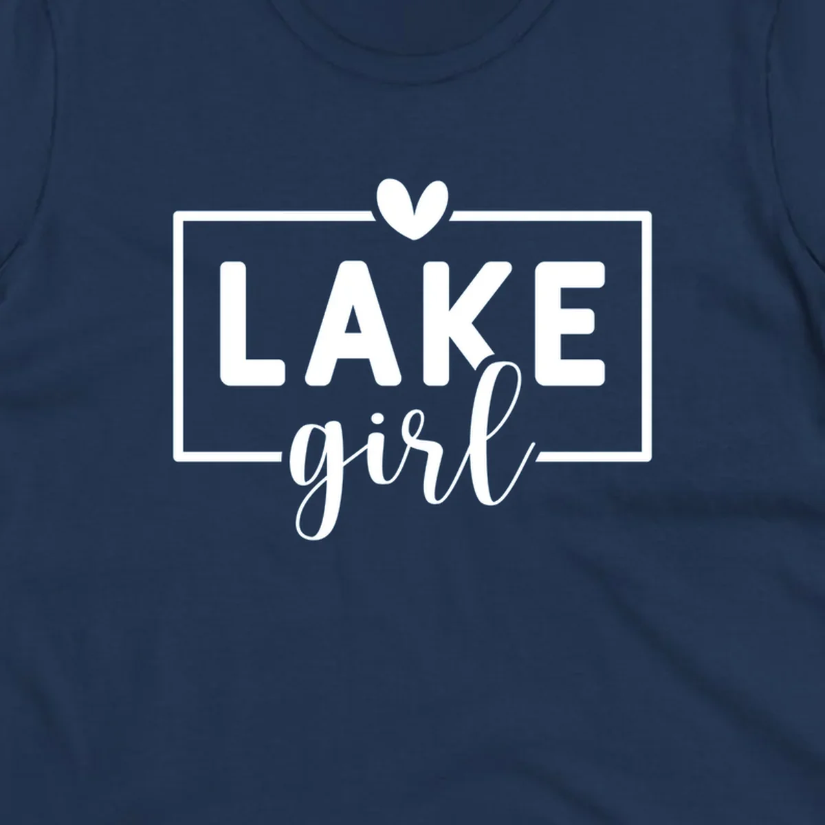 Lake girl text design with heart and border, in white on black background.