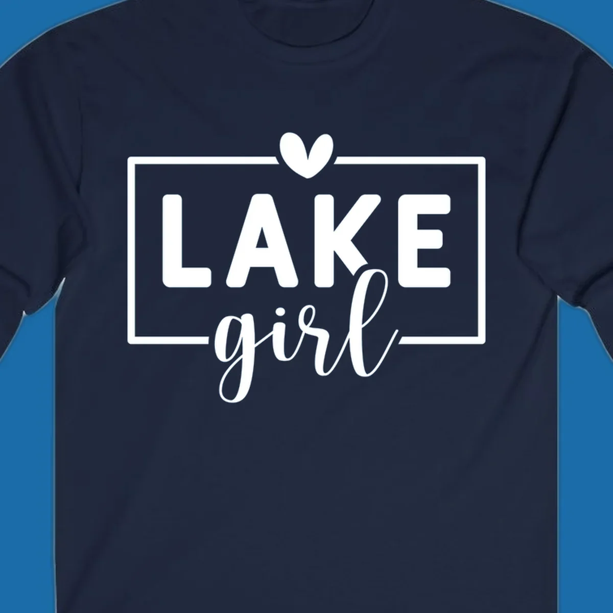 Lake girl text design with heart and border, in white on black background.