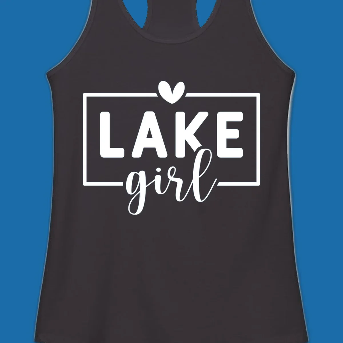 Lake girl text design with heart and border, in white on black background.