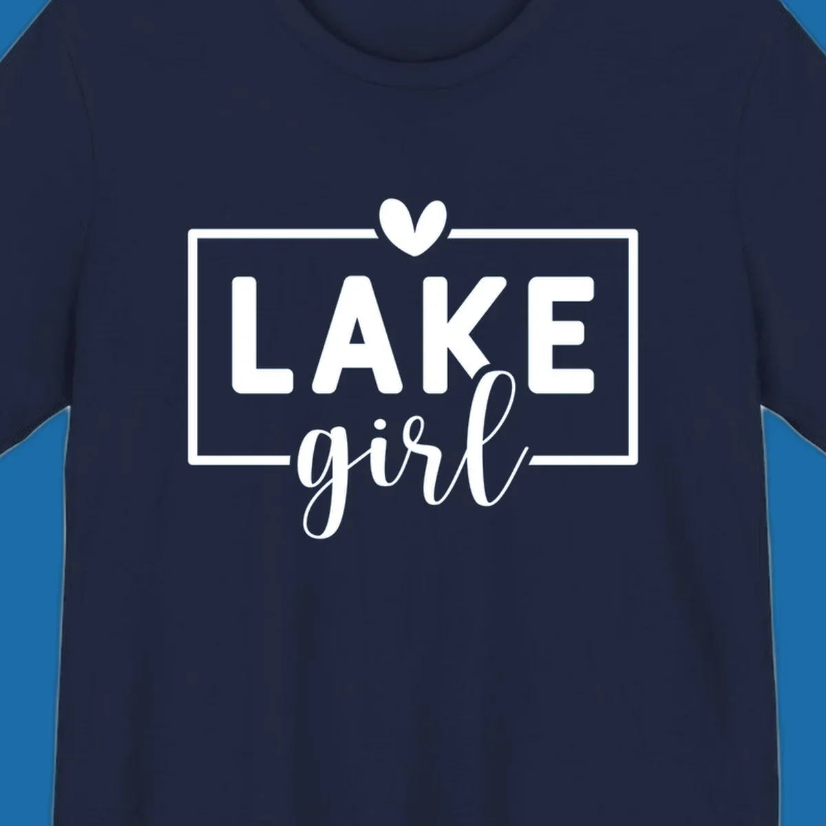 Lake girl text design with heart and border, in white on black background.