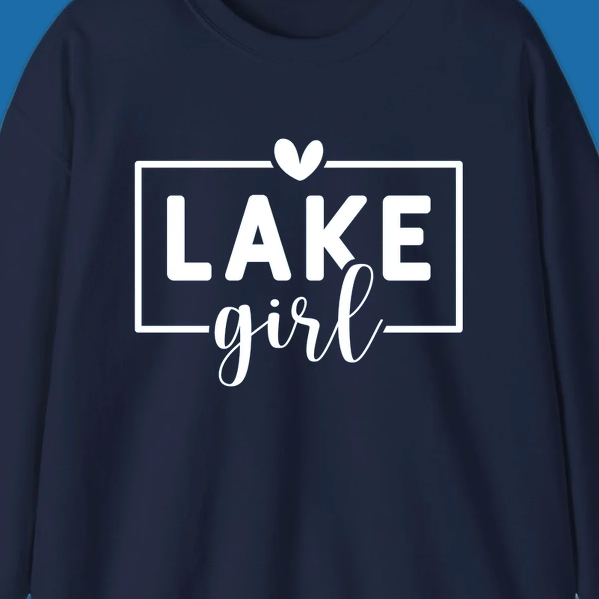 Lake girl text design with heart and border, in white on black background.