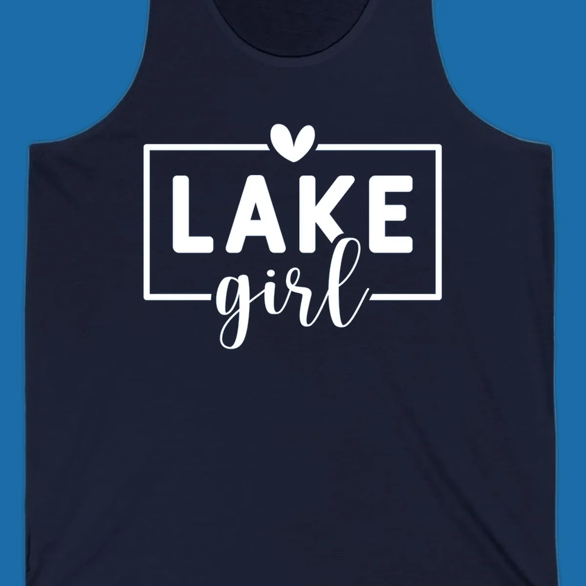 Lake girl text design with heart and border, in white on black background.