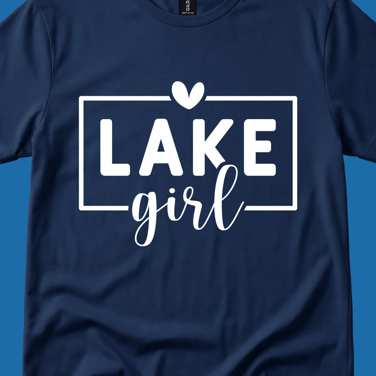 Lake girl text design with heart and border, in white on black background.
