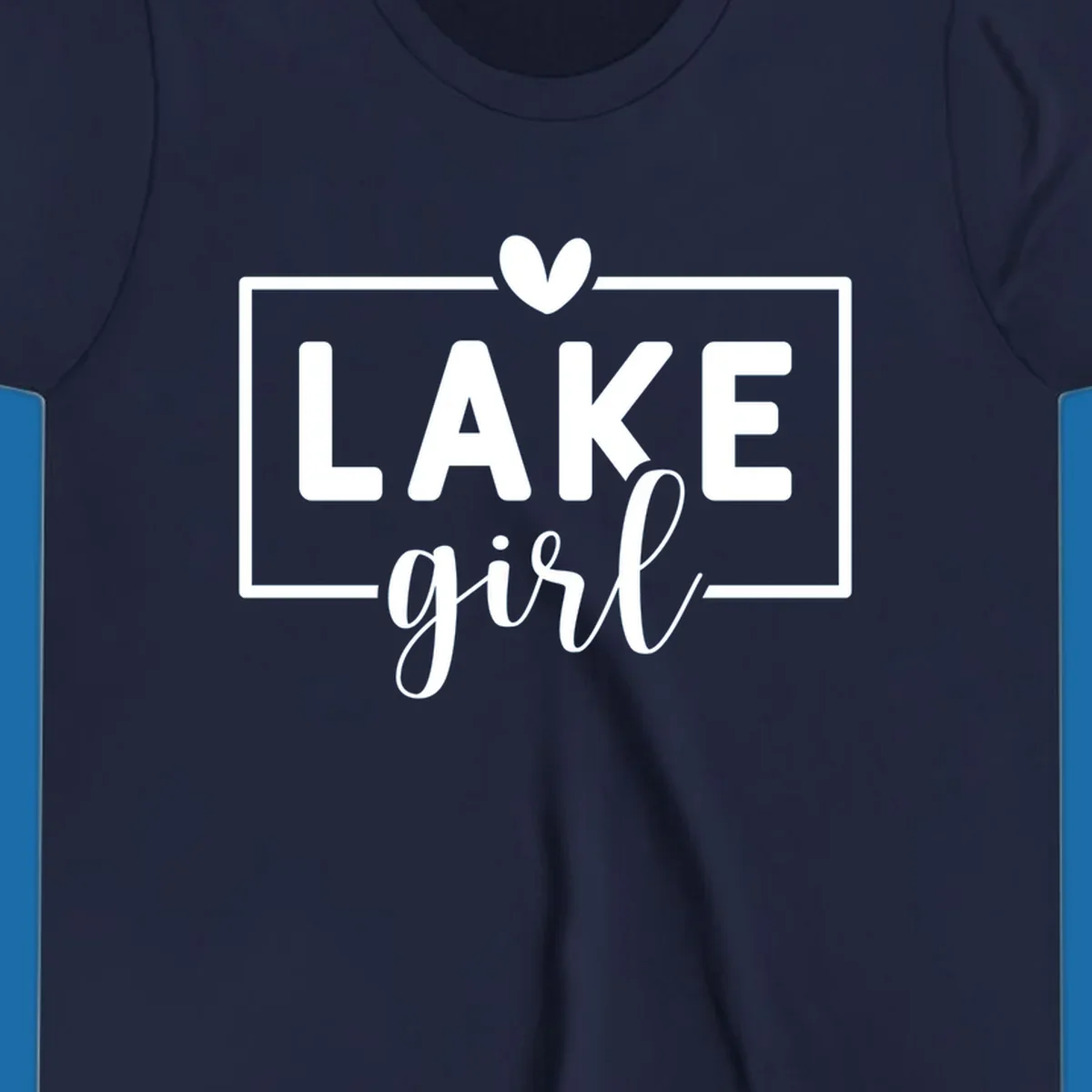 Lake girl text design with heart and border, in white on black background.
